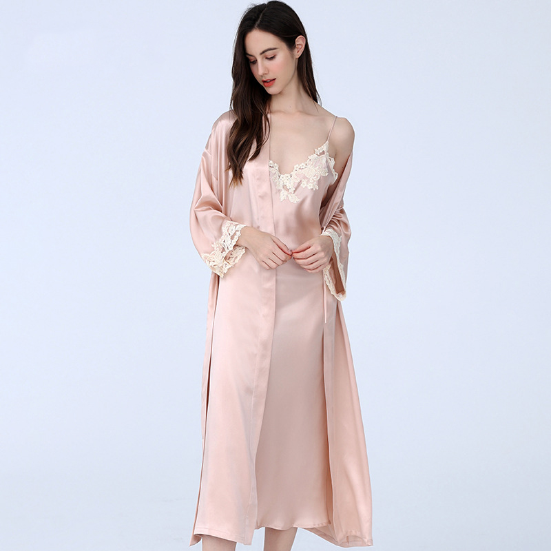 Robe Silk Women - Luxuriöser Spitzenbesatz 100% Schwerer Seiden-Bademantel Sexy